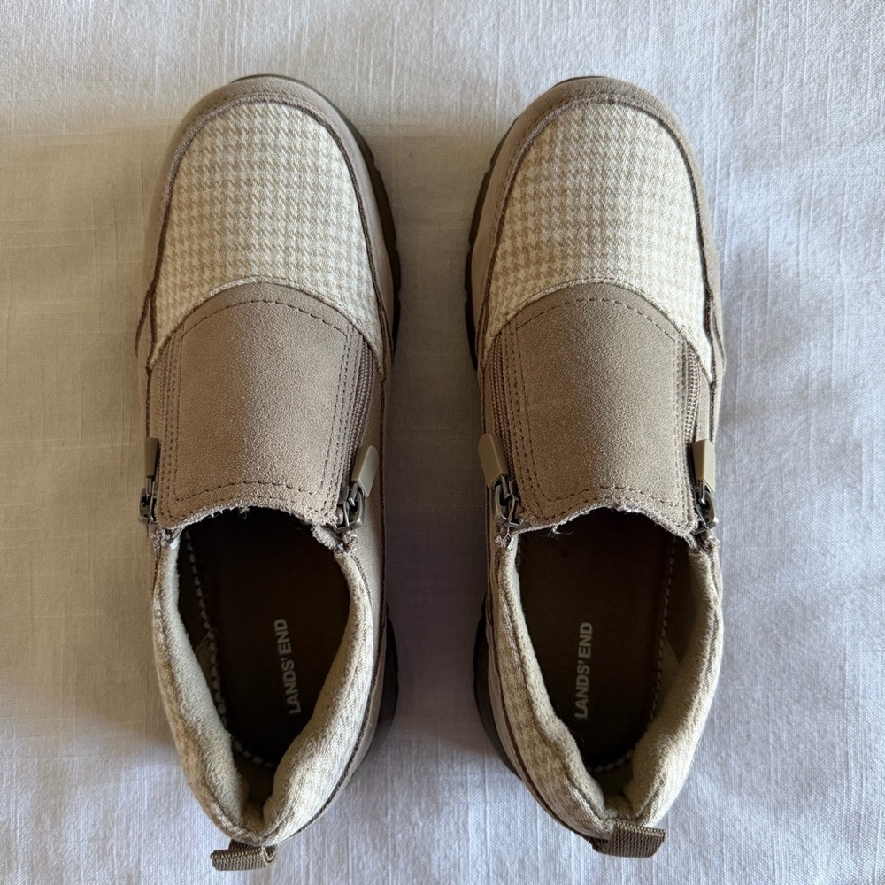 Lands End All Weather Insulated Womens 8.5 Suede Moc Houndstooth Comfort Shoes